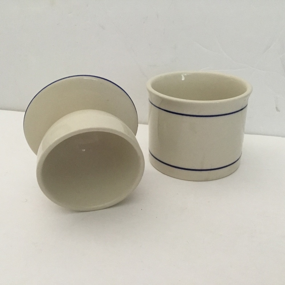 French butter keeper. Cream and blue stripes